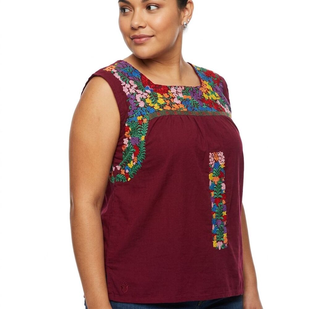 J Marie‎ Blouse Womens Medium Red Linen Blend Embroidered Floral Tunic Top Boho